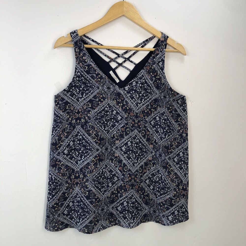 Maurices Women M Black Pink Printed V Neck Strappy Back Pullover Tank Top
